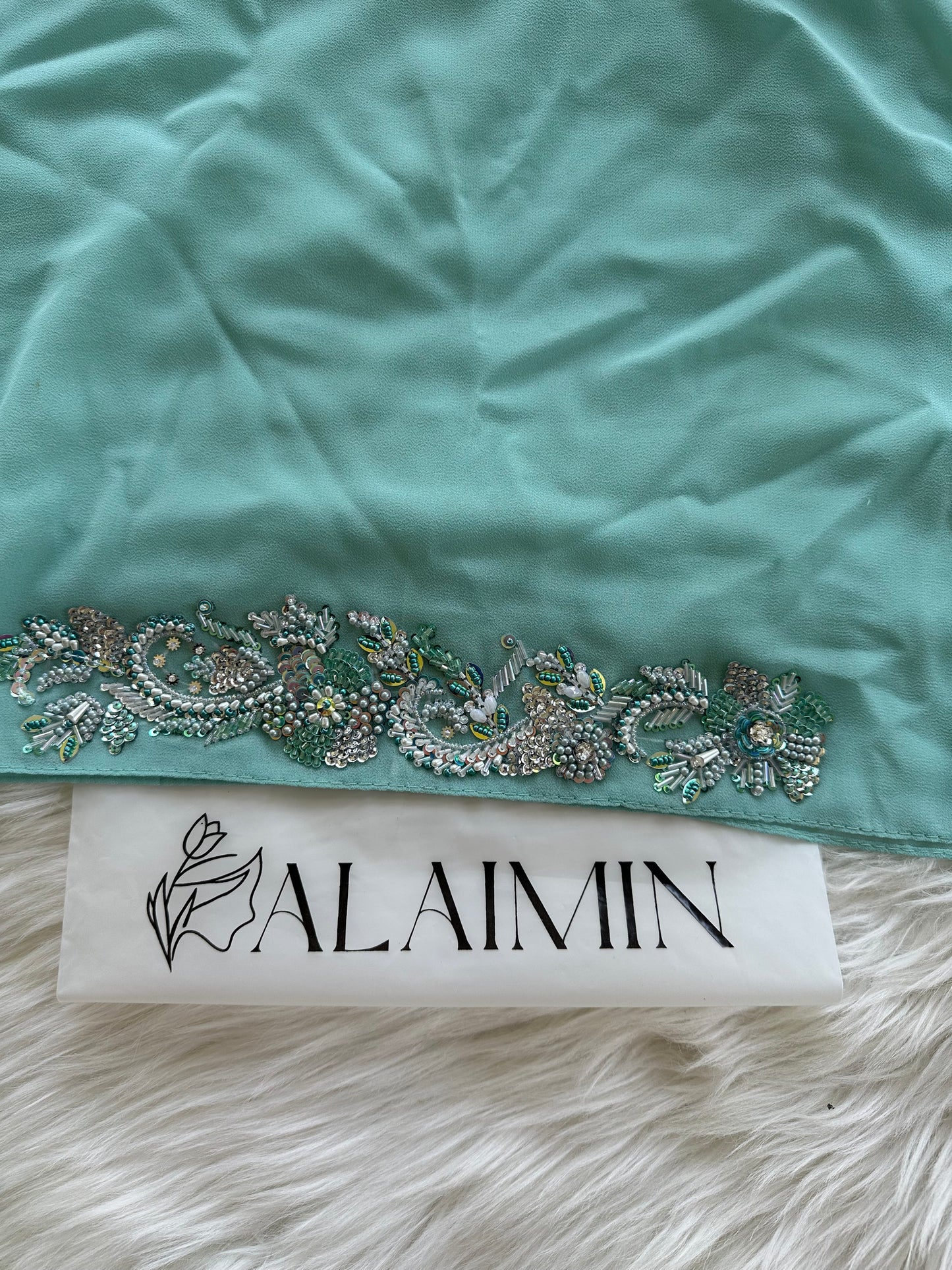 SHABNUM | FESTIVE PARTY WEAR LUXURY HANDWORK LIGHT BLUE TORQUISE HIJAB