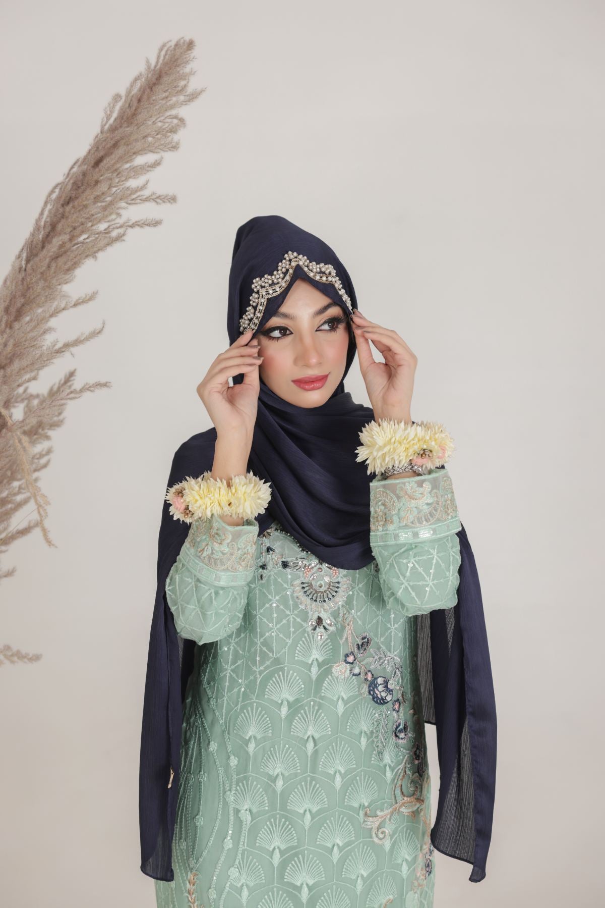 premium silk hijab in blue fancy