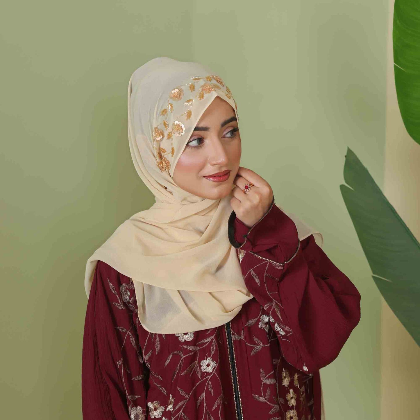 NUREYAH | FESTIVE PARTY WEAR LUXURY HANDWORK BEIGE HIJAB