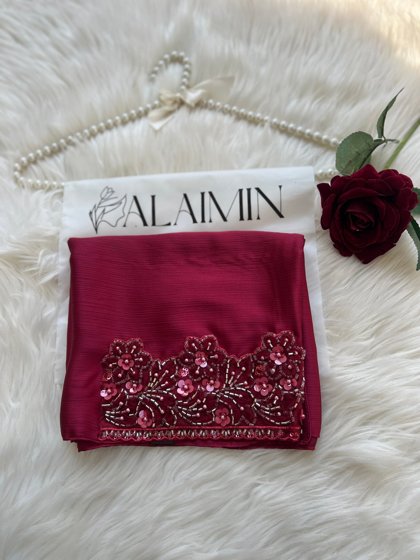 Luxury Lace-Detail Silk Party wear Hijab Maroon