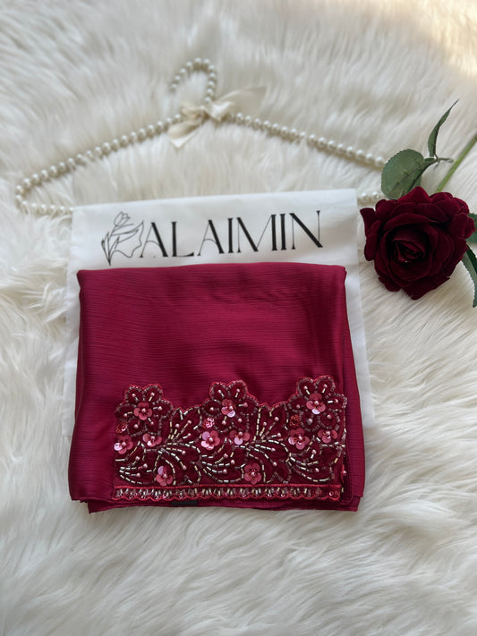 Luxury Lace-Detail Silk Party wear Hijab Maroon