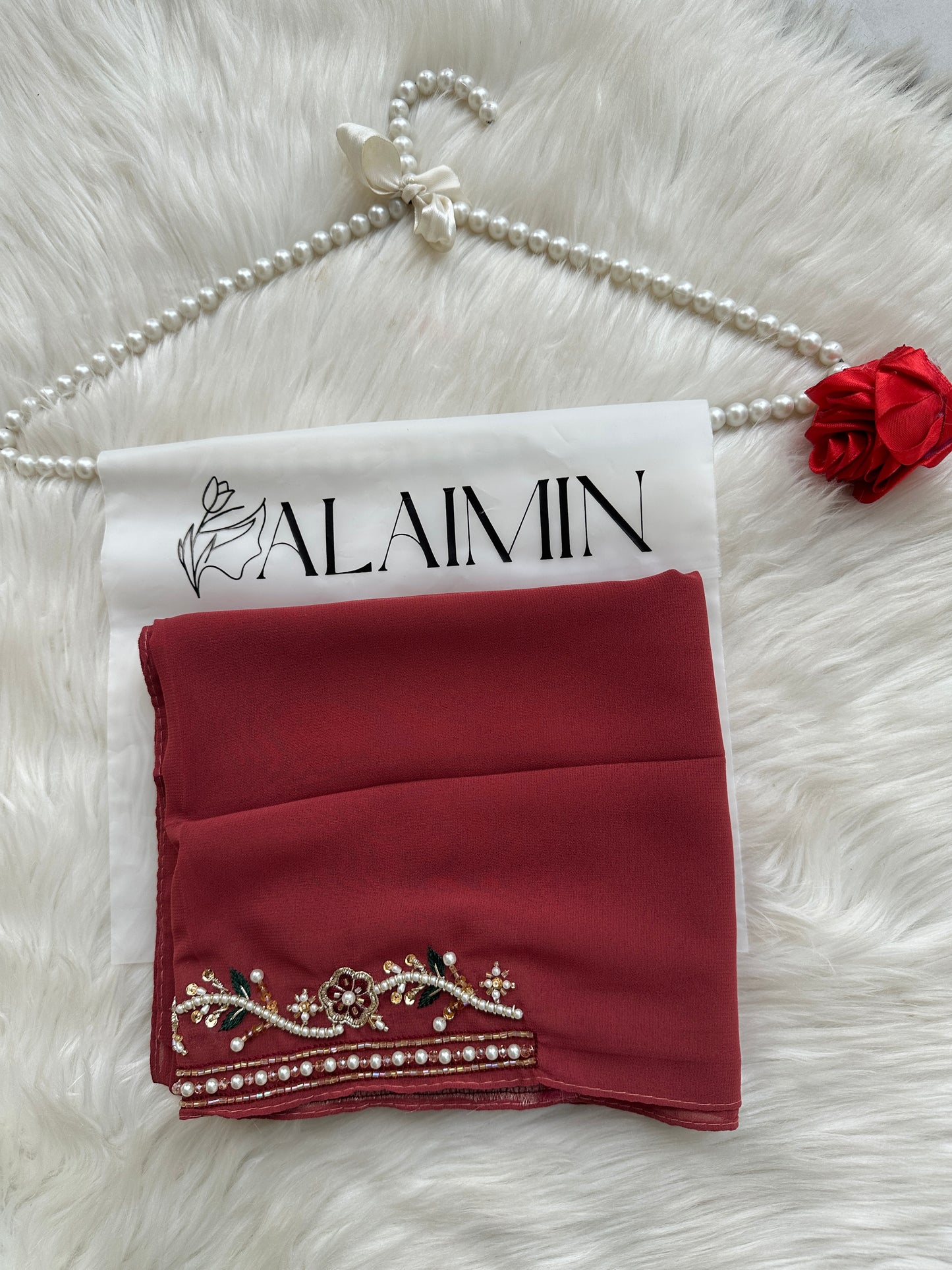 GULNAAR | FESTIVE PARTY WEAR LUXURY HANDWORK DARK RUSTY CORAL HIJAB