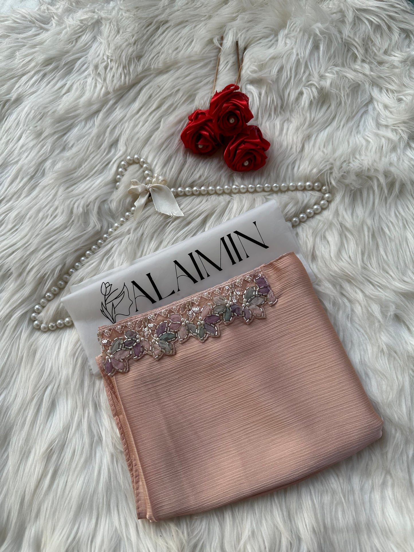 Luxury Lace-Detail Silk Party wear Hijab Peach