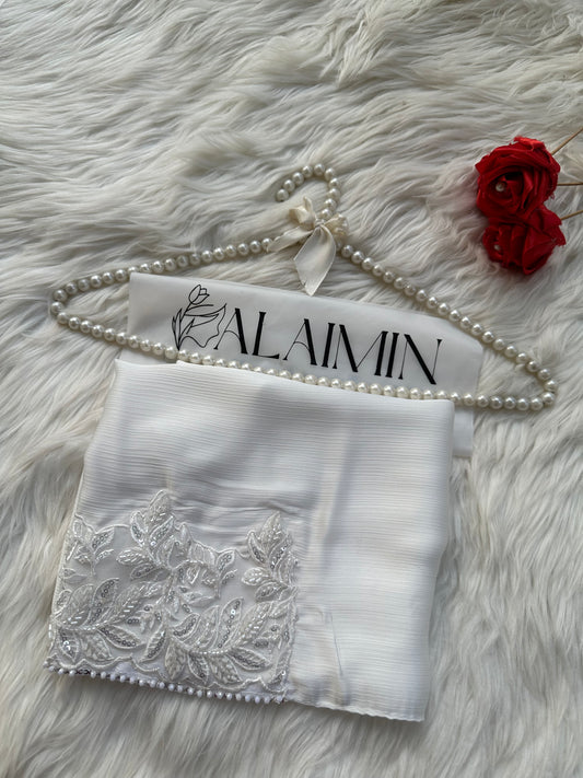 Luxury Lace-Detail Silk Umrah Special Hijab White