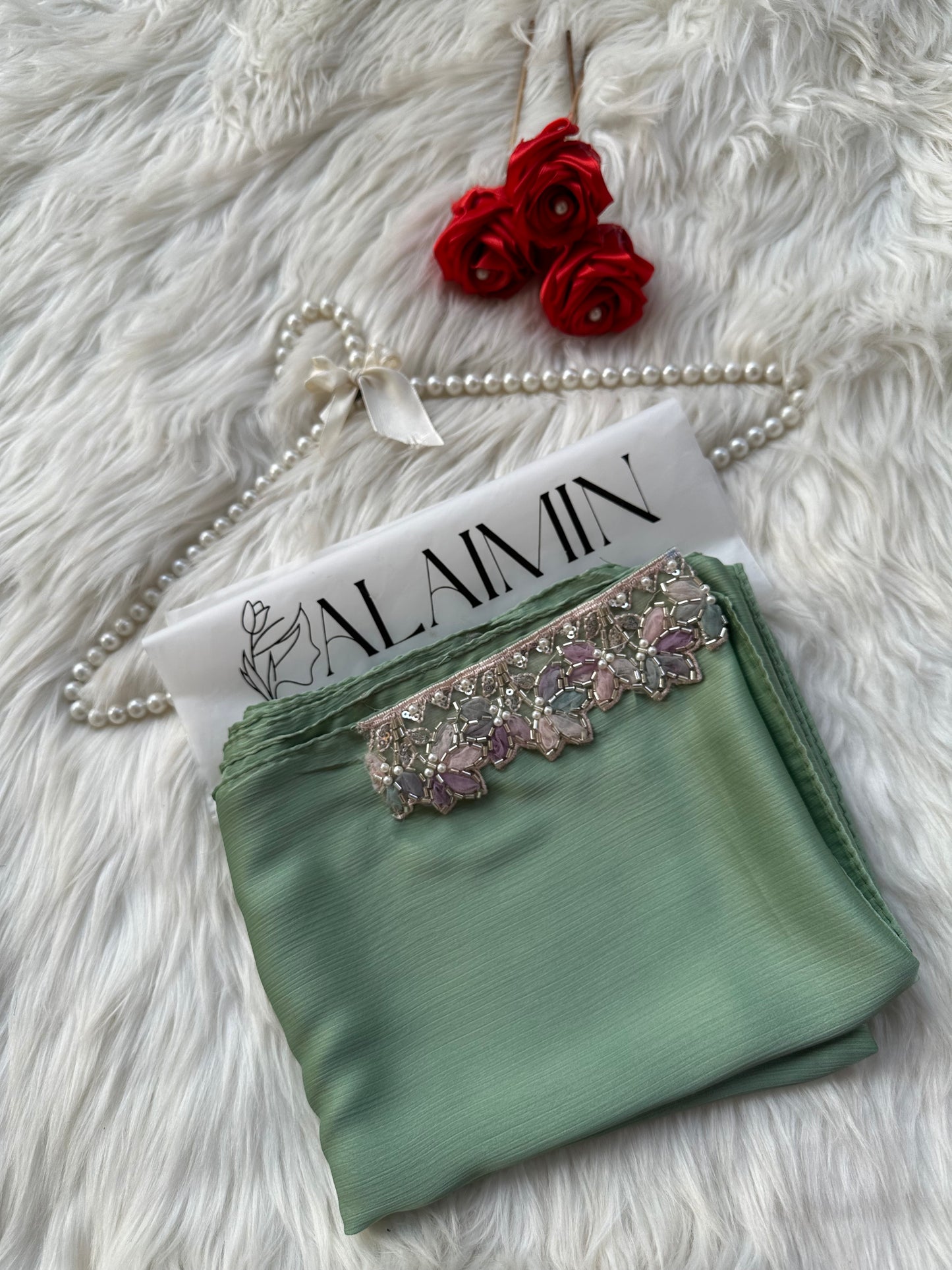 Luxury Lace-Detail Silk Party wear Hijab Light Green