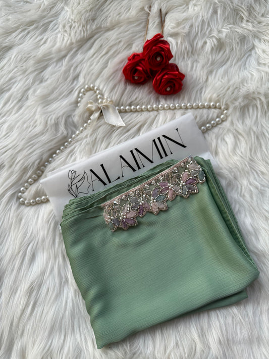 Luxury Lace-Detail Silk Party wear Hijab Light Green