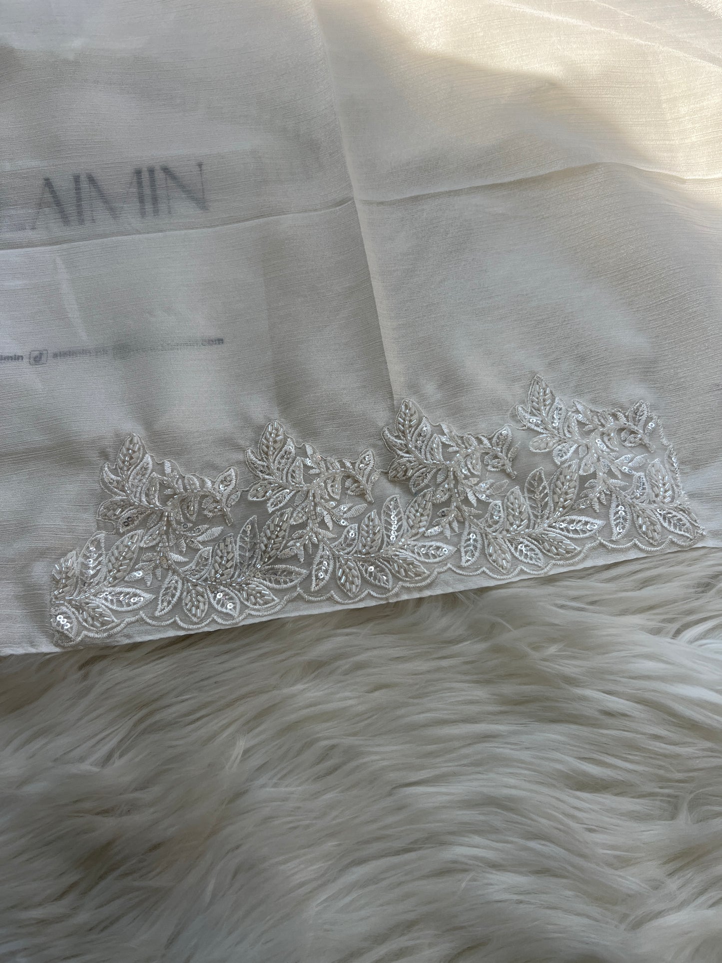 Luxury Lace-Detail Silk Umrah Special Hijab White