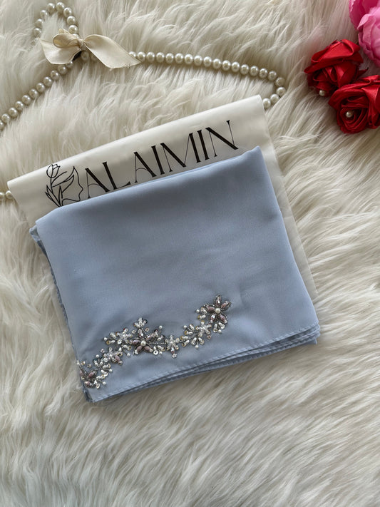 ELAF | FESTIVE PARTY WEAR LUXURY HANDWORK SILVER BLUE HIJAB PARTY WEAR FOR WEDDINGS & EID