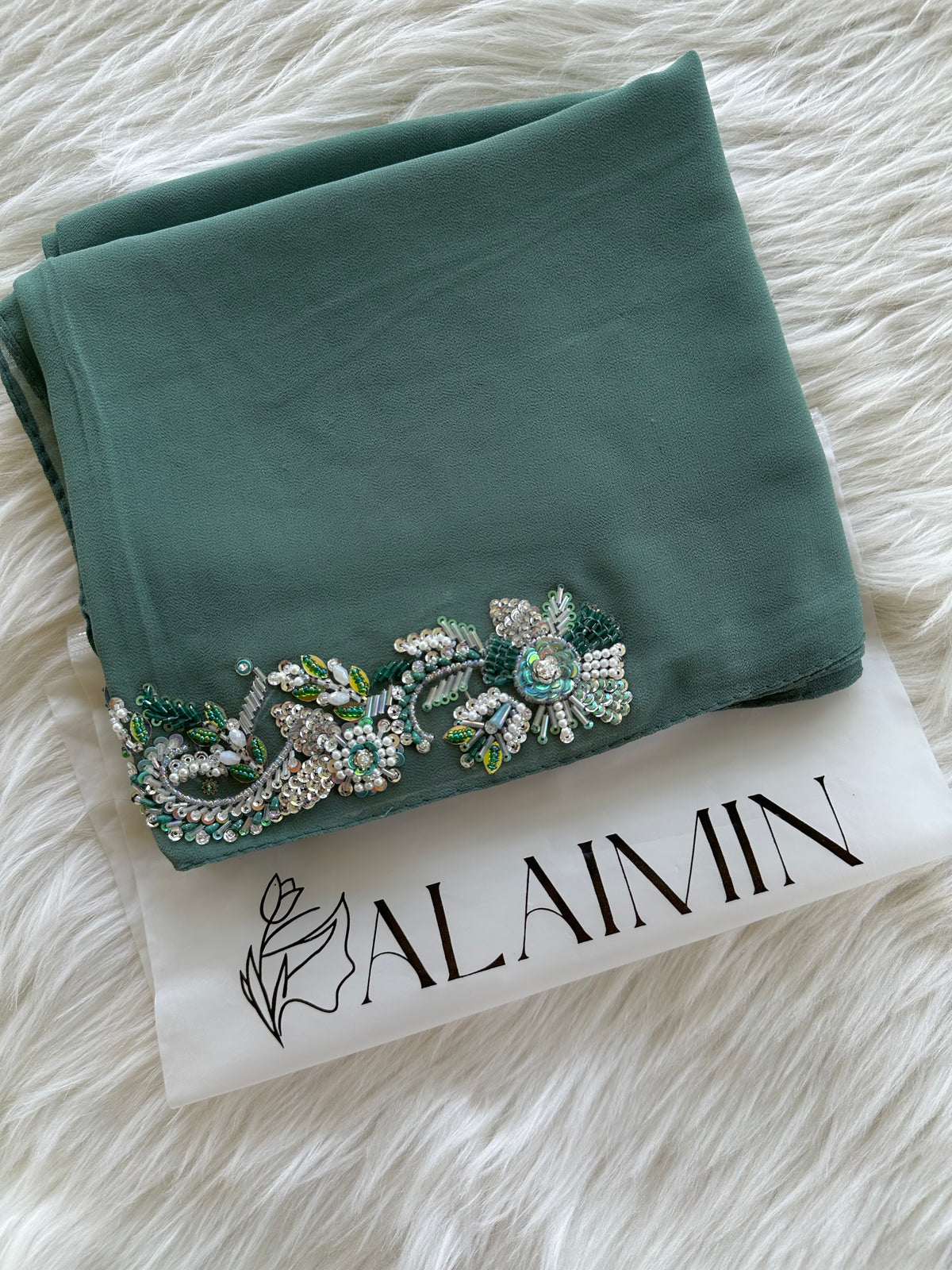 SHABNUM | FESTIVE PARTY WEAR LUXURY HANDWORK GREEN HIJAB
