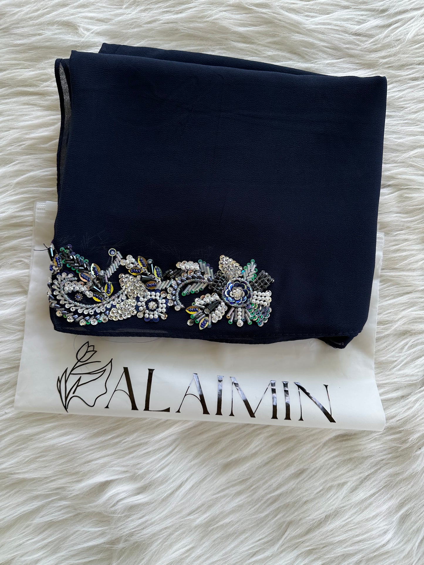 SHABNUM | FESTIVE PARTY WEAR LUXURY HANDWORK DARK BLUE HIJAB