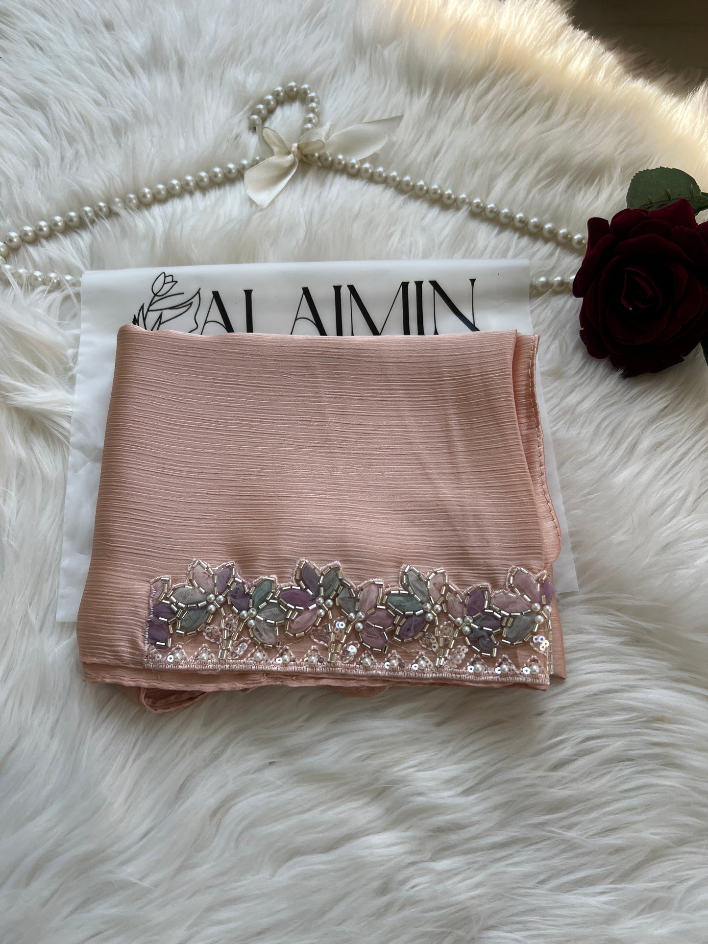 Luxury Lace-Detail Silk Party wear Hijab Peach