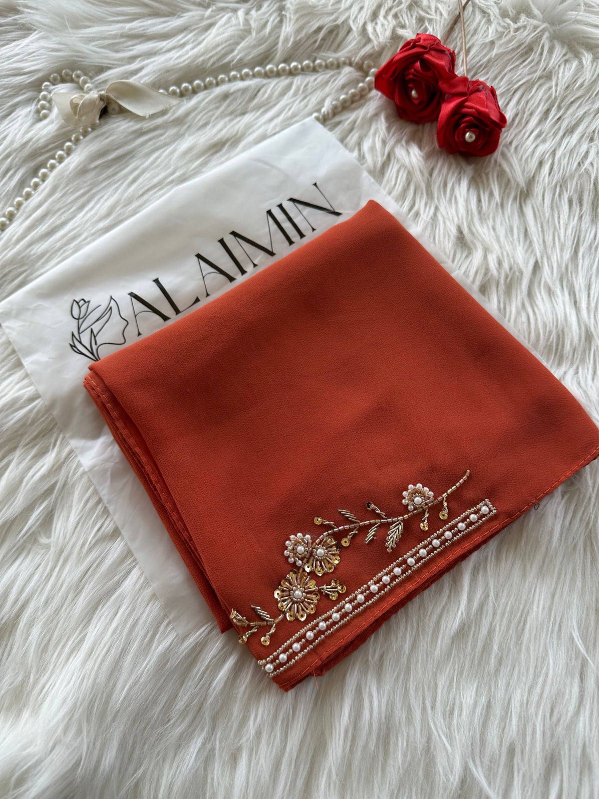 SHAM E SITARA | FESTIVE PARTY WEAR LUXURY HANDWORK RUST HIJAB