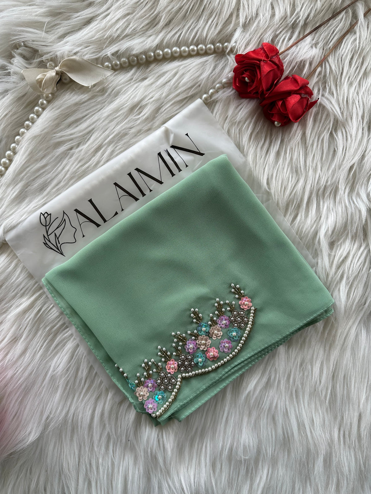 NOOR E ZAR| FESTIVE PARTY WEAR LUXURY HANDWORK MINT GREEN HIJAB