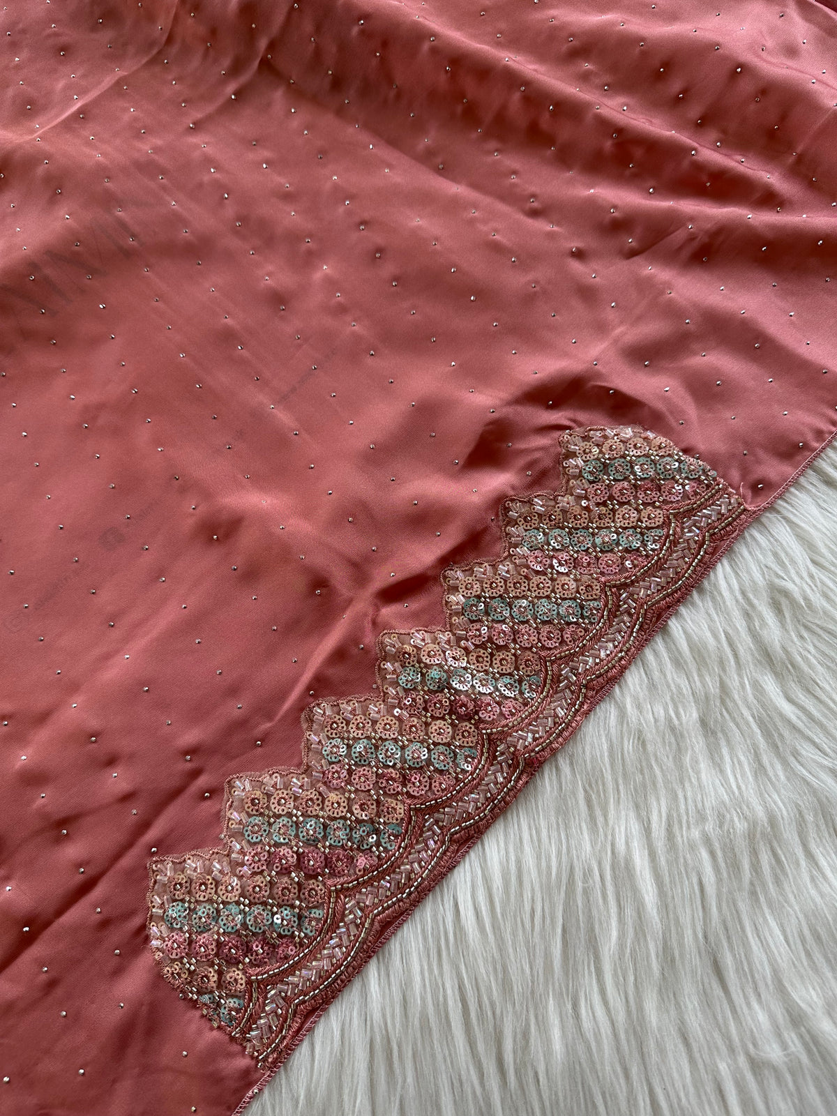 Luxury Lace-Detail Rhinestone Silk Party wear Hijab Peach Pink