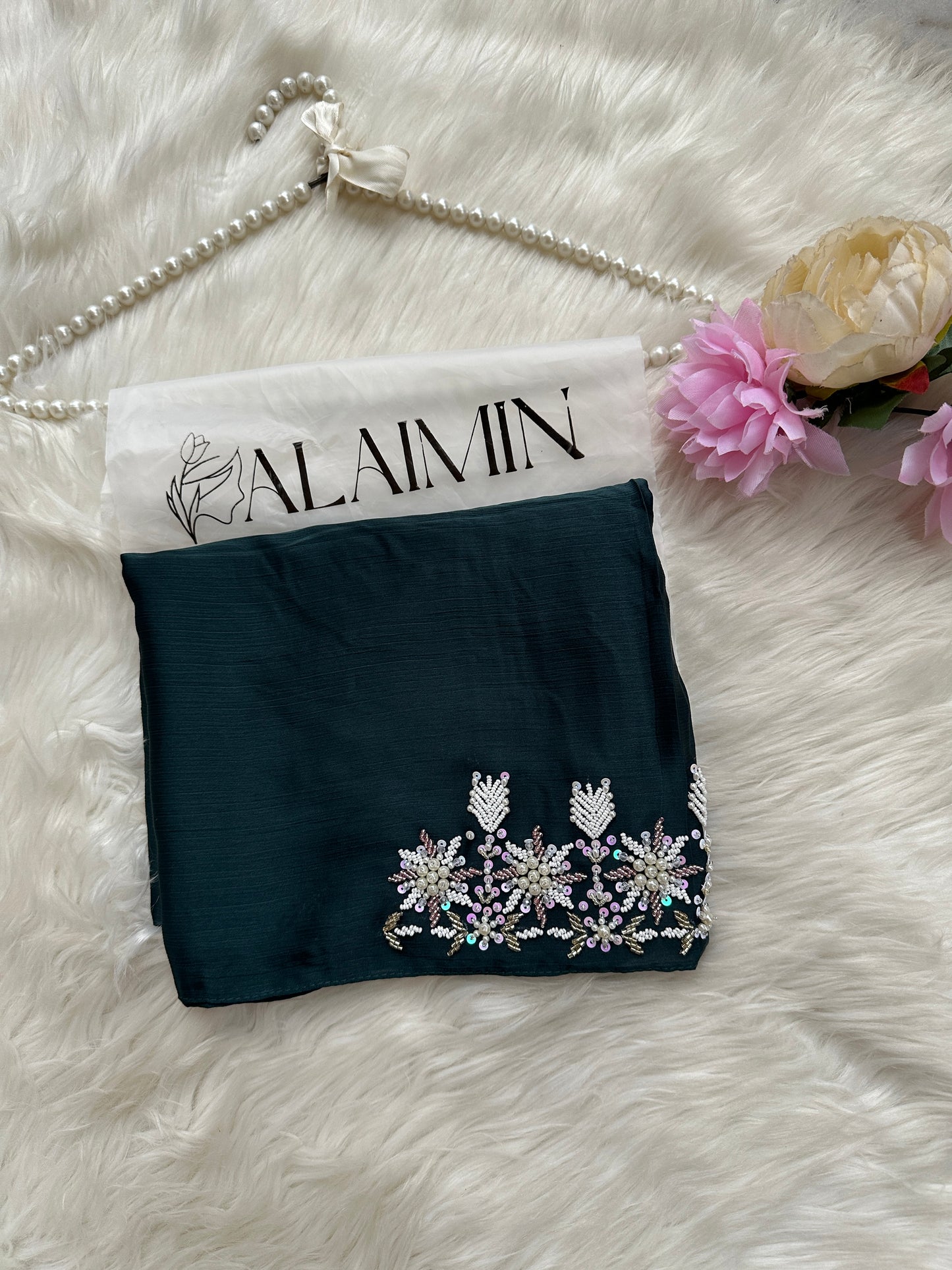 GULZAR | FESTIVE PARTY WEAR LUXURY HANDWORK DARK GREEN HIJAB