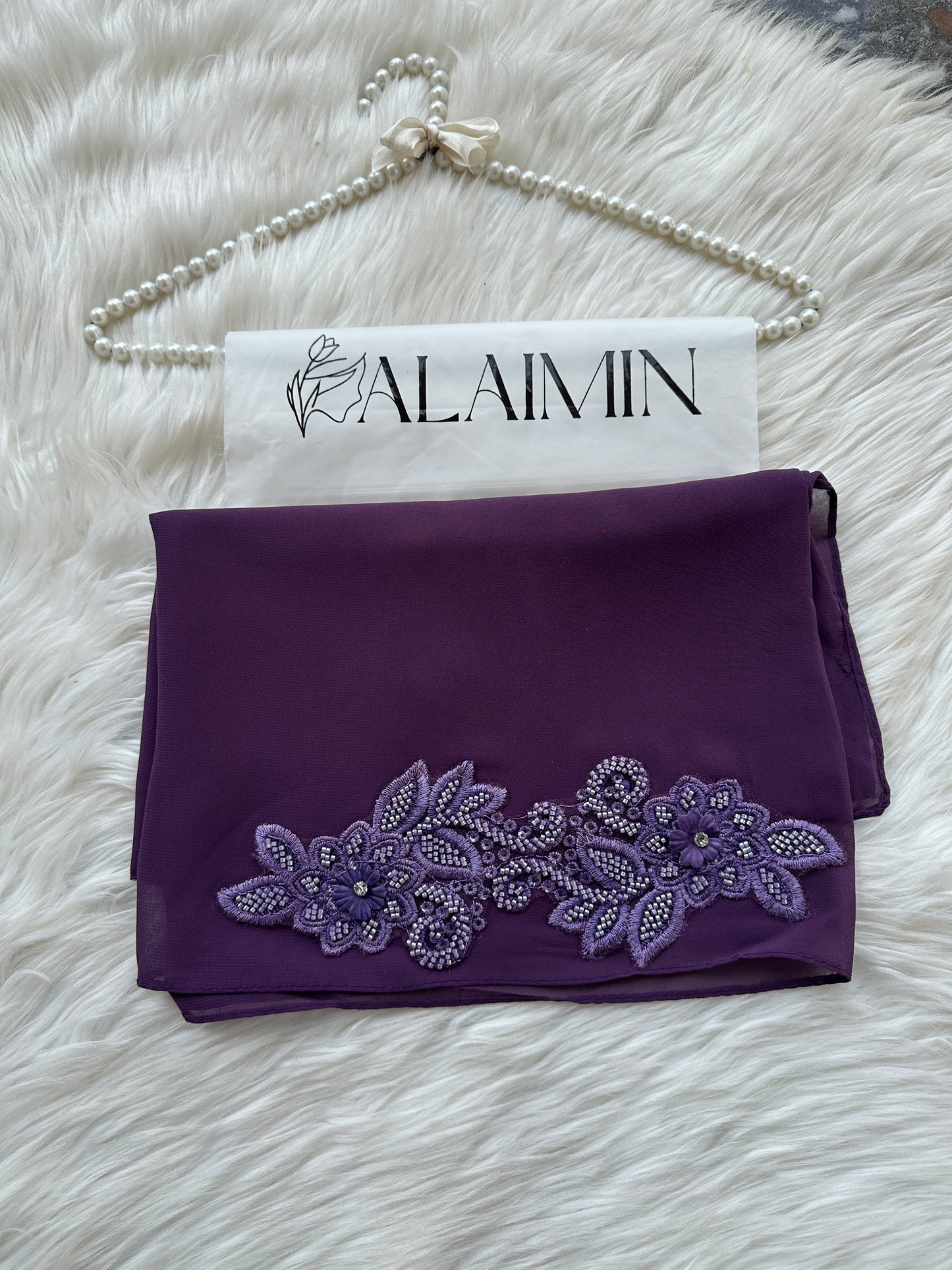 Luxury Lace-Detail Party wear Hijab Dark Purple Motif Applique