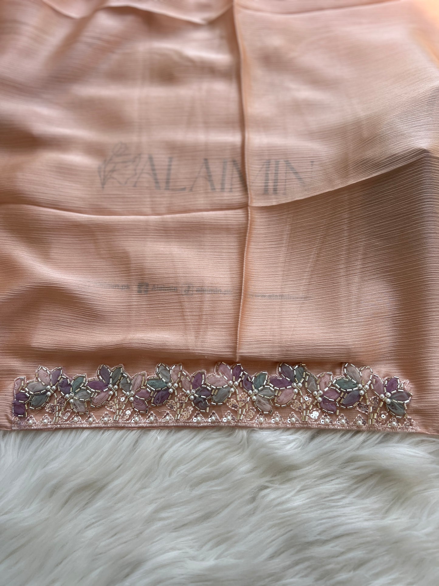 Luxury Lace-Detail Silk Party wear Hijab Peach