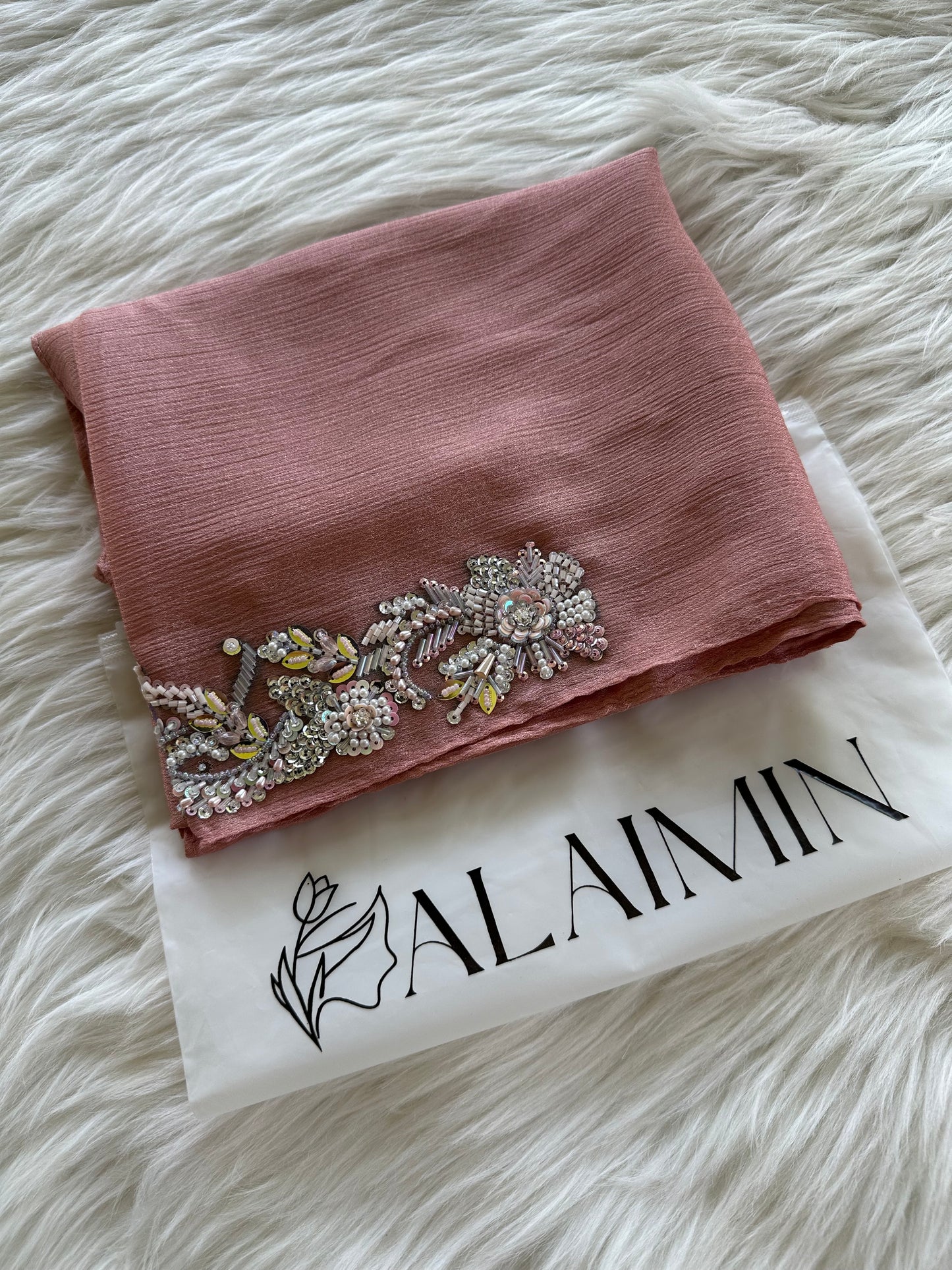 SHABNUM | FESTIVE PARTY WEAR LUXURY HANDWORK PINK ROSE GOLD HIJAB