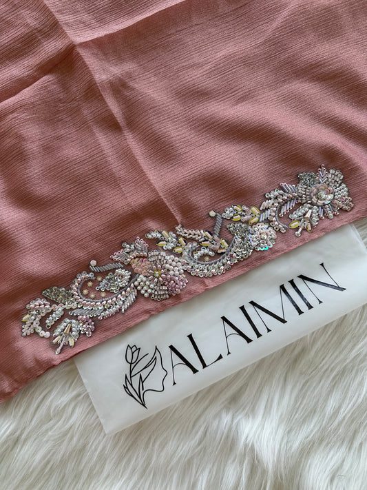 SHABNUM | FESTIVE PARTY WEAR LUXURY HANDWORK PINK ROSE GOLD HIJAB