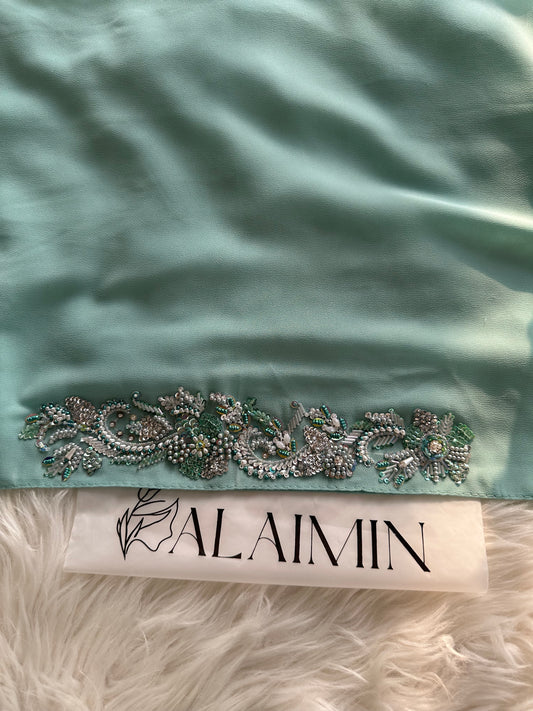 SHABNUM | FESTIVE PARTY WEAR LUXURY HANDWORK LIGHT BLUE TORQUISE HIJAB