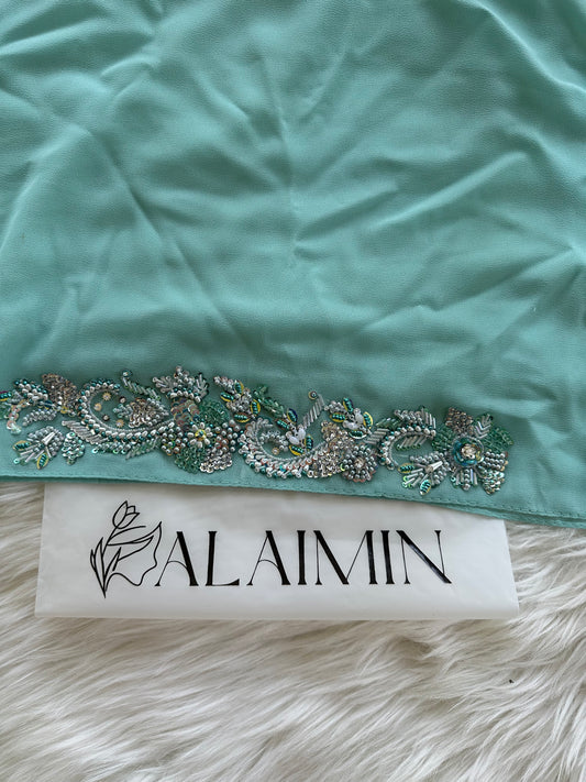 SHABNUM | FESTIVE PARTY WEAR LUXURY HANDWORK LIGHT BLUE TORQUISE HIJAB