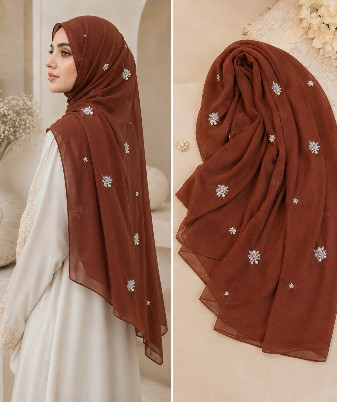 Gulbahar | Rusty Brown | Signature All-Over Floral Hijab
