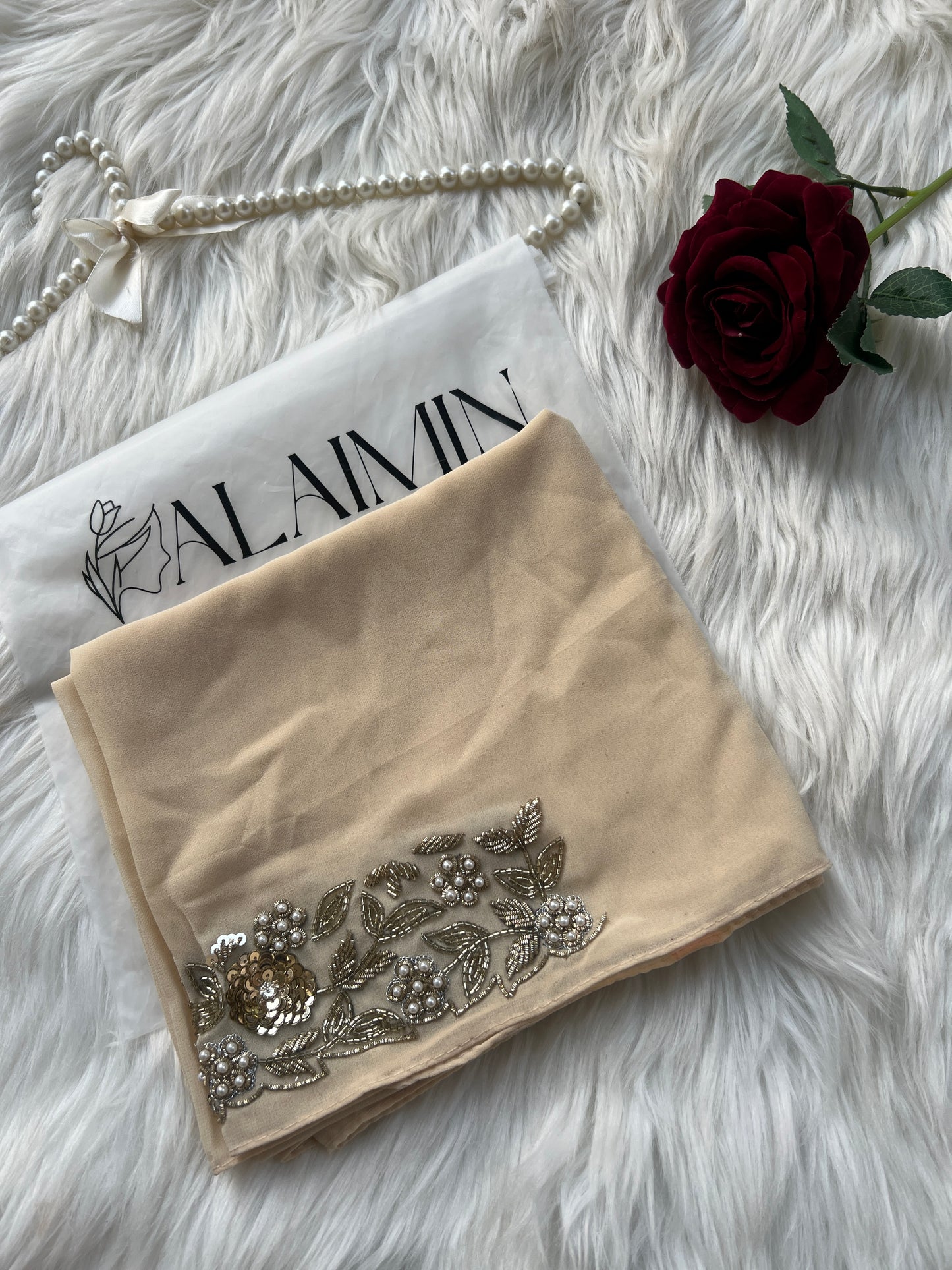 FESTIVE PARTY WEAR LUXURY HANDWORK BEIGE HIJAB