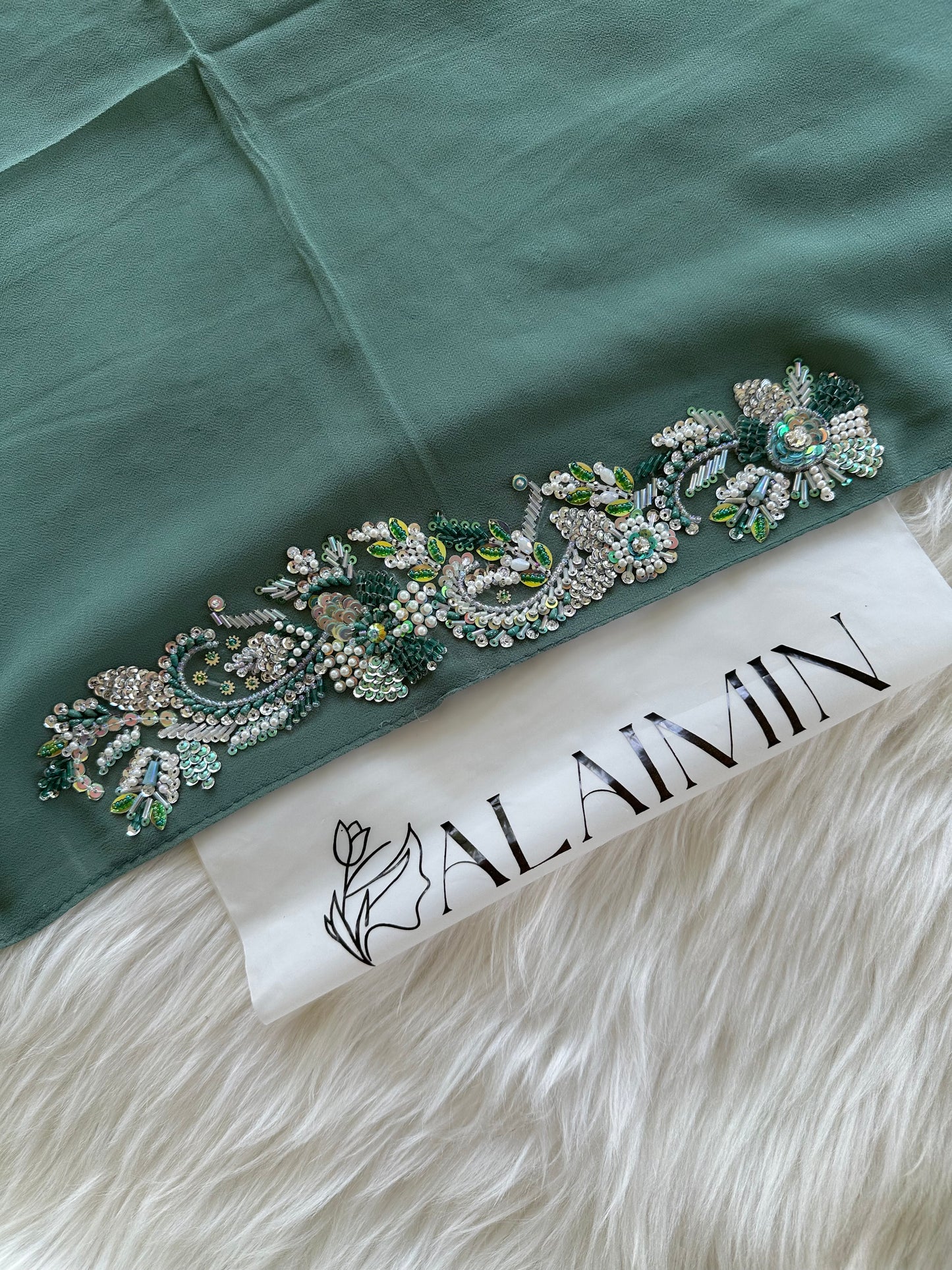 SHABNUM | FESTIVE PARTY WEAR LUXURY HANDWORK GREEN HIJAB