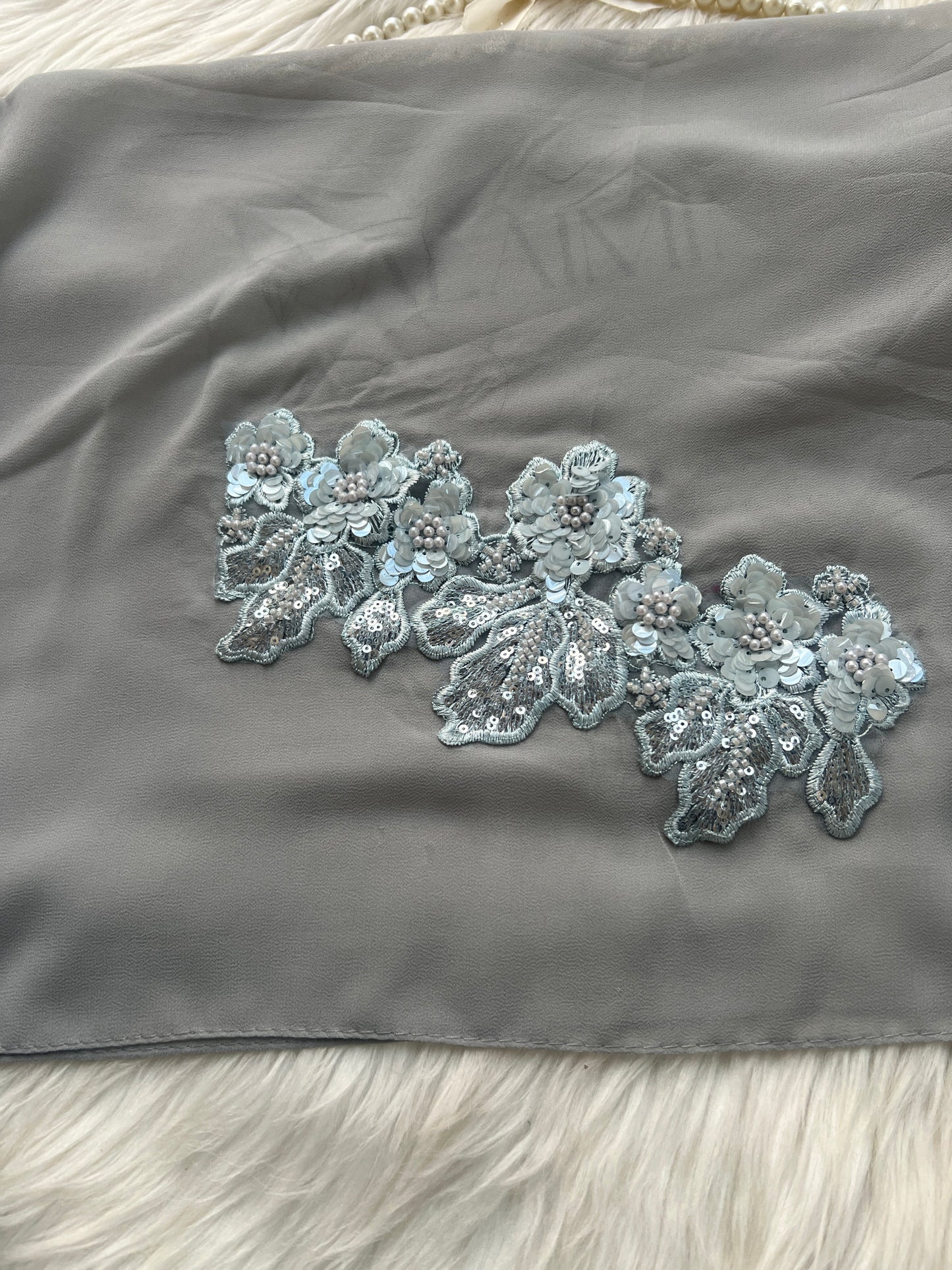 Grey Chiffon Hijab with Elegant Lace Motif