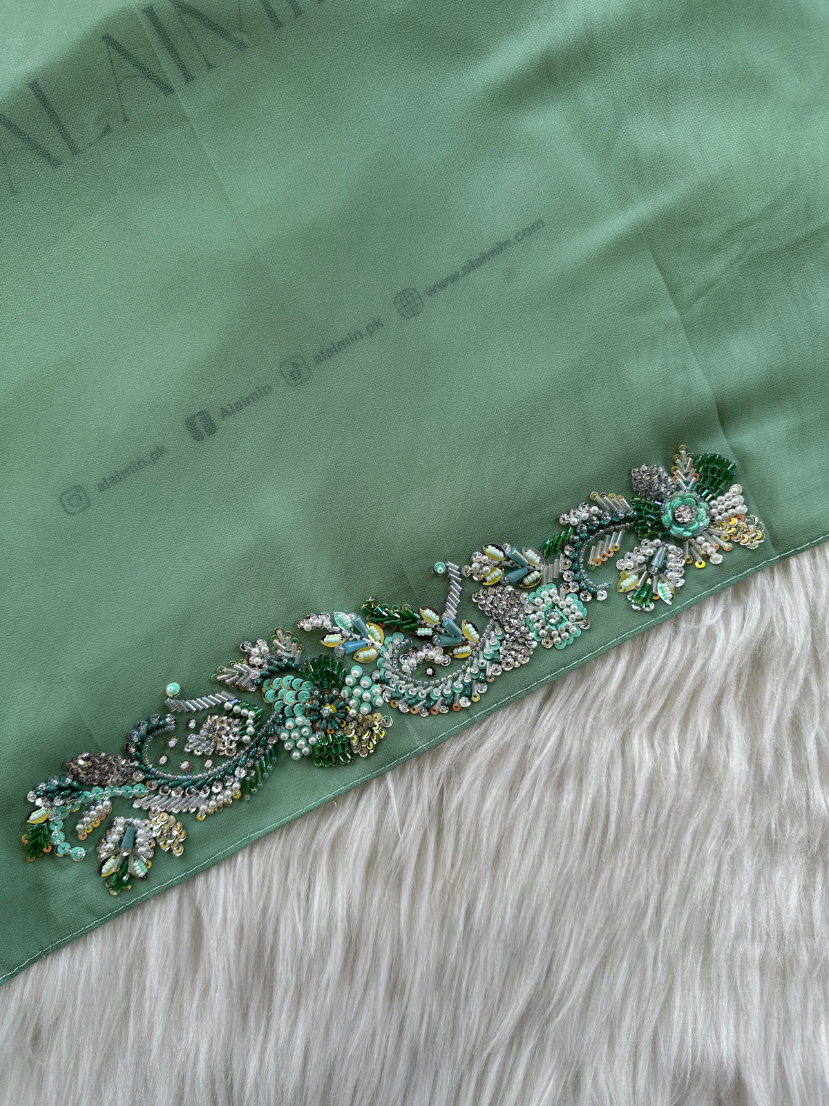 SHABNUM | FESTIVE PARTY WEAR LUXURY HANDWORK LIGHT GREEN HIJAB