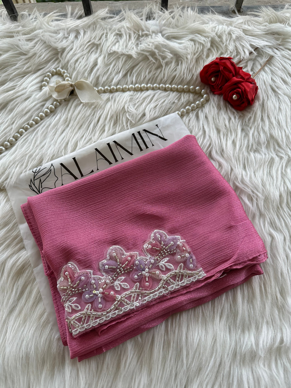Luxury Lace-Detail Silk Party wear Hijab Pink