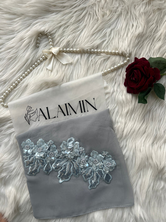 Grey Chiffon Hijab with Elegant Lace Motif