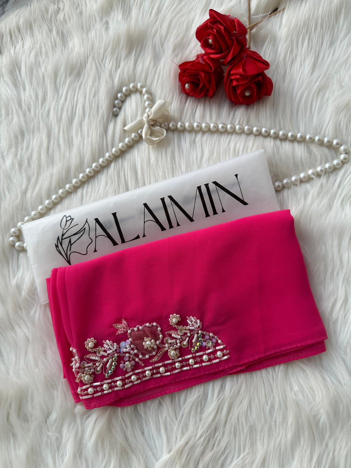 MAH E NOOR | FESTIVE PARTY WEAR LUXURY HANDWORK SHOCKING PINK HIJAB