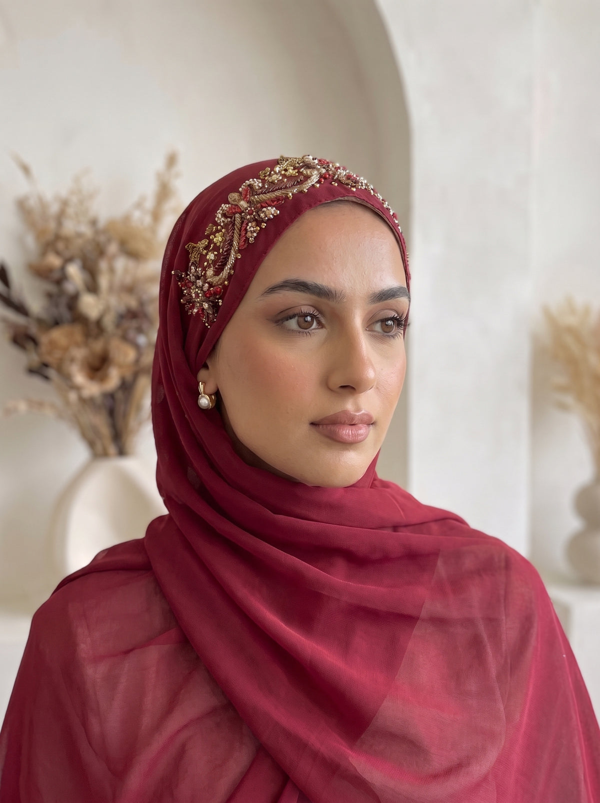 handwork hijab wedding bridal hijab in maroon