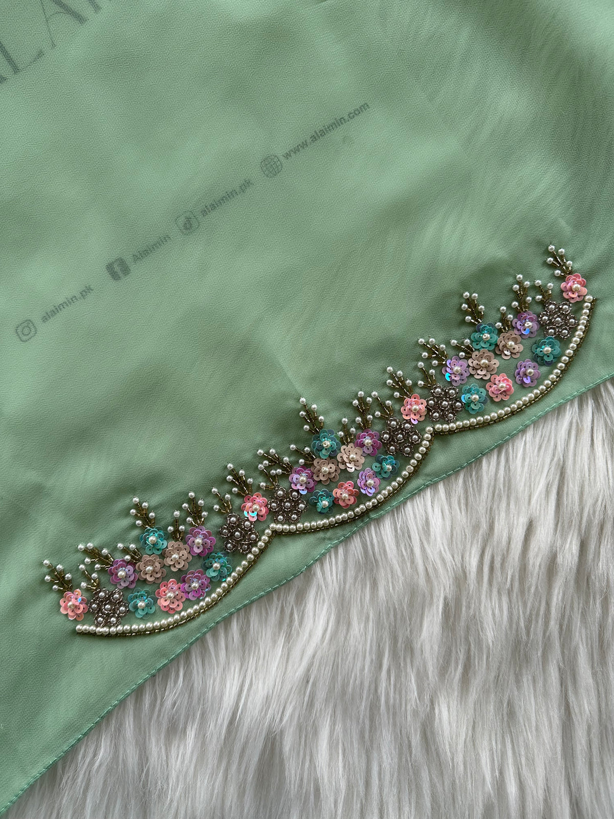 NOOR E ZAR| FESTIVE PARTY WEAR LUXURY HANDWORK MINT GREEN HIJAB