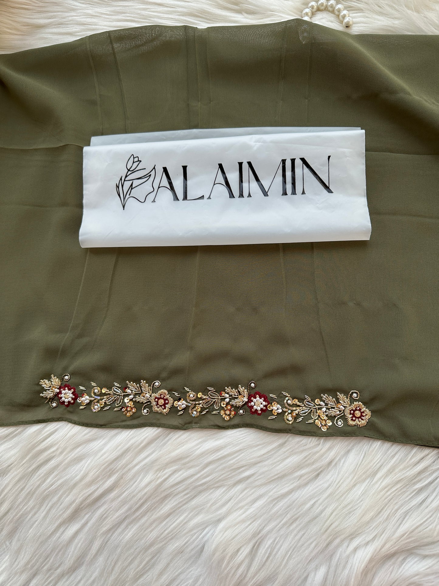 HINA | FESTIVE PARTY WEAR LUXURY HANDWORK OLIVE HIJAB