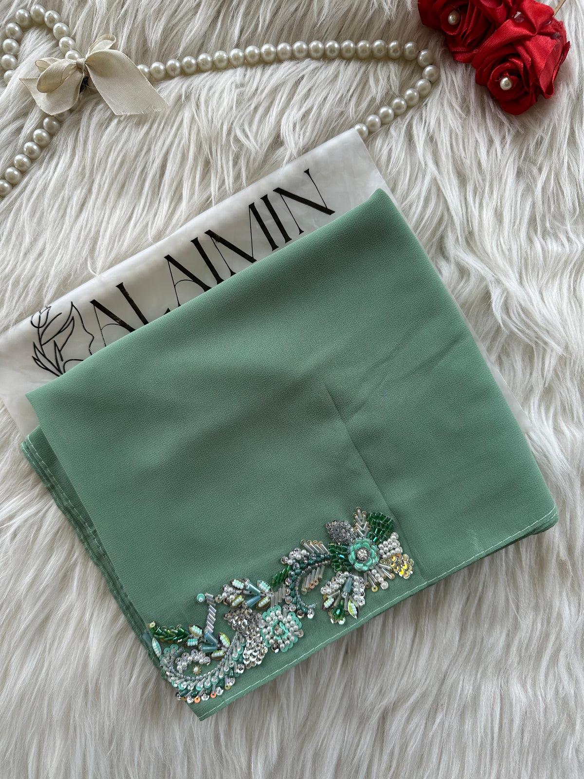 SHABNUM | FESTIVE PARTY WEAR LUXURY HANDWORK LIGHT GREEN HIJAB