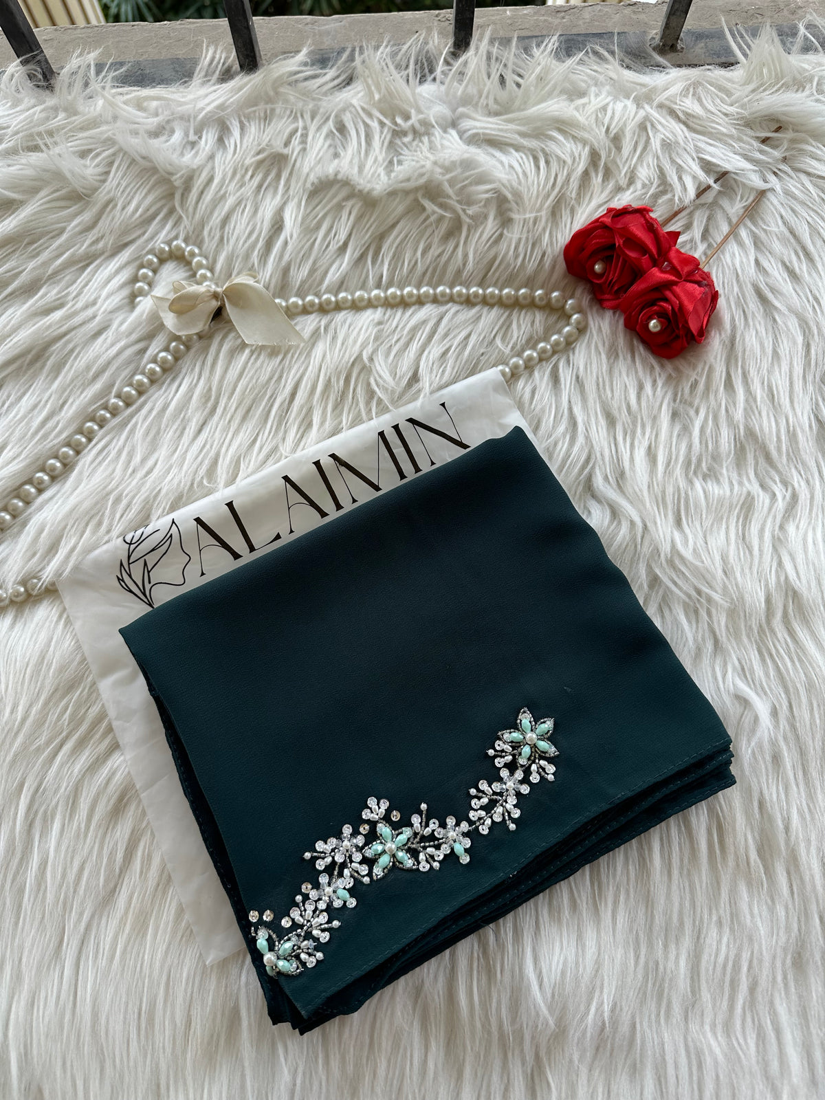ELAF | FESTIVE PARTY WEAR LUXURY HANDWORK DARK GREEN HIJAB PARTY WEAR FOR WEDDINGS & EID
