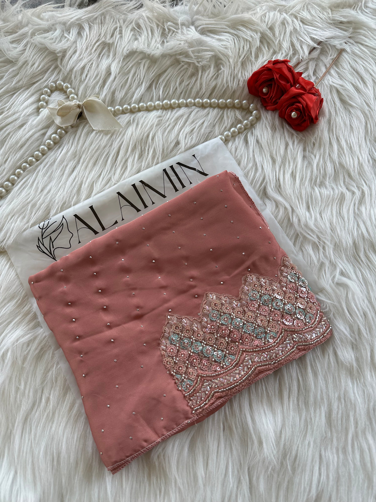 Luxury Lace-Detail Rhinestone Silk Party wear Hijab Peach Pink