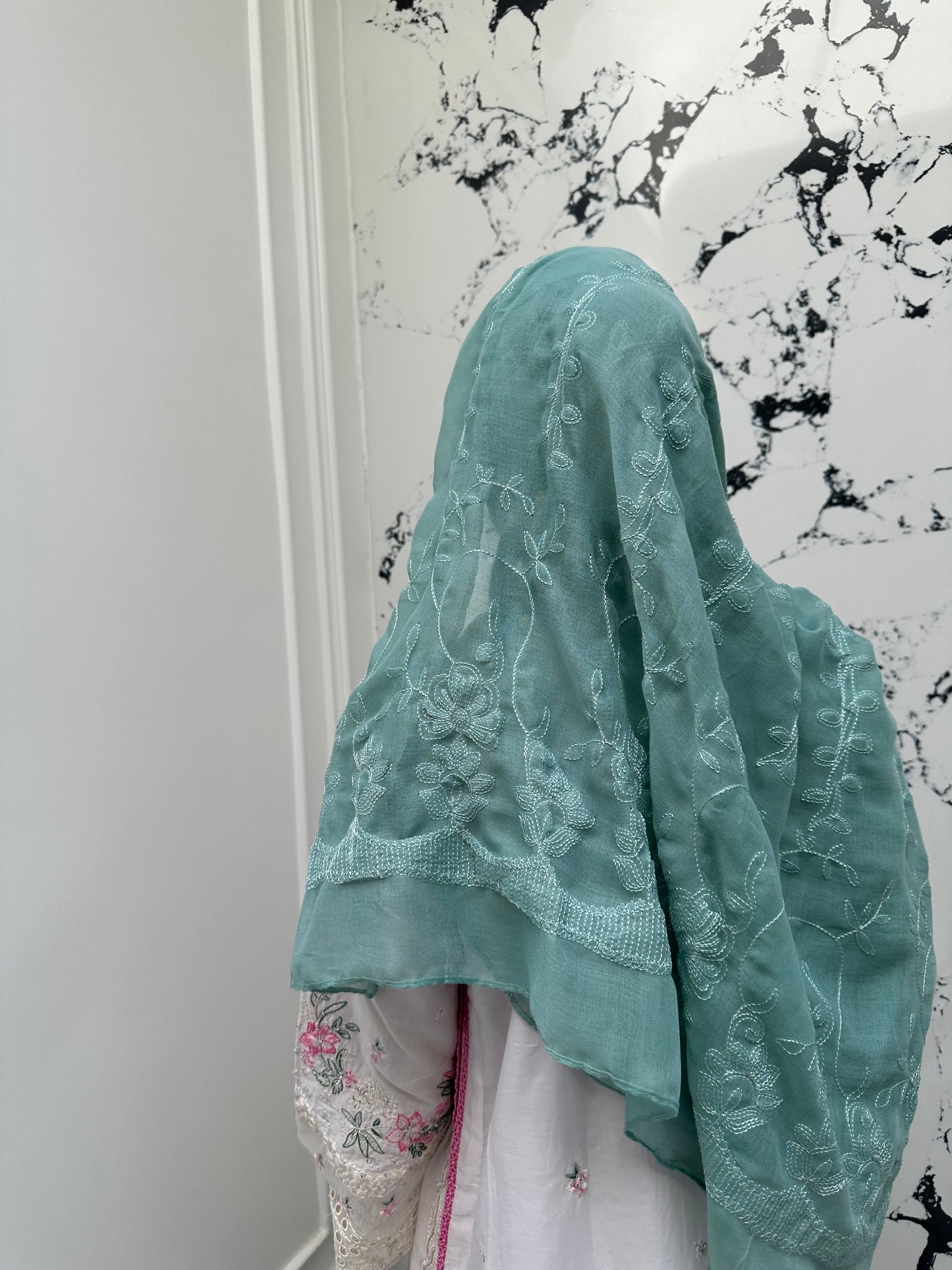 EMBROIDERY LAWN HIJAB| AQUA BLUE