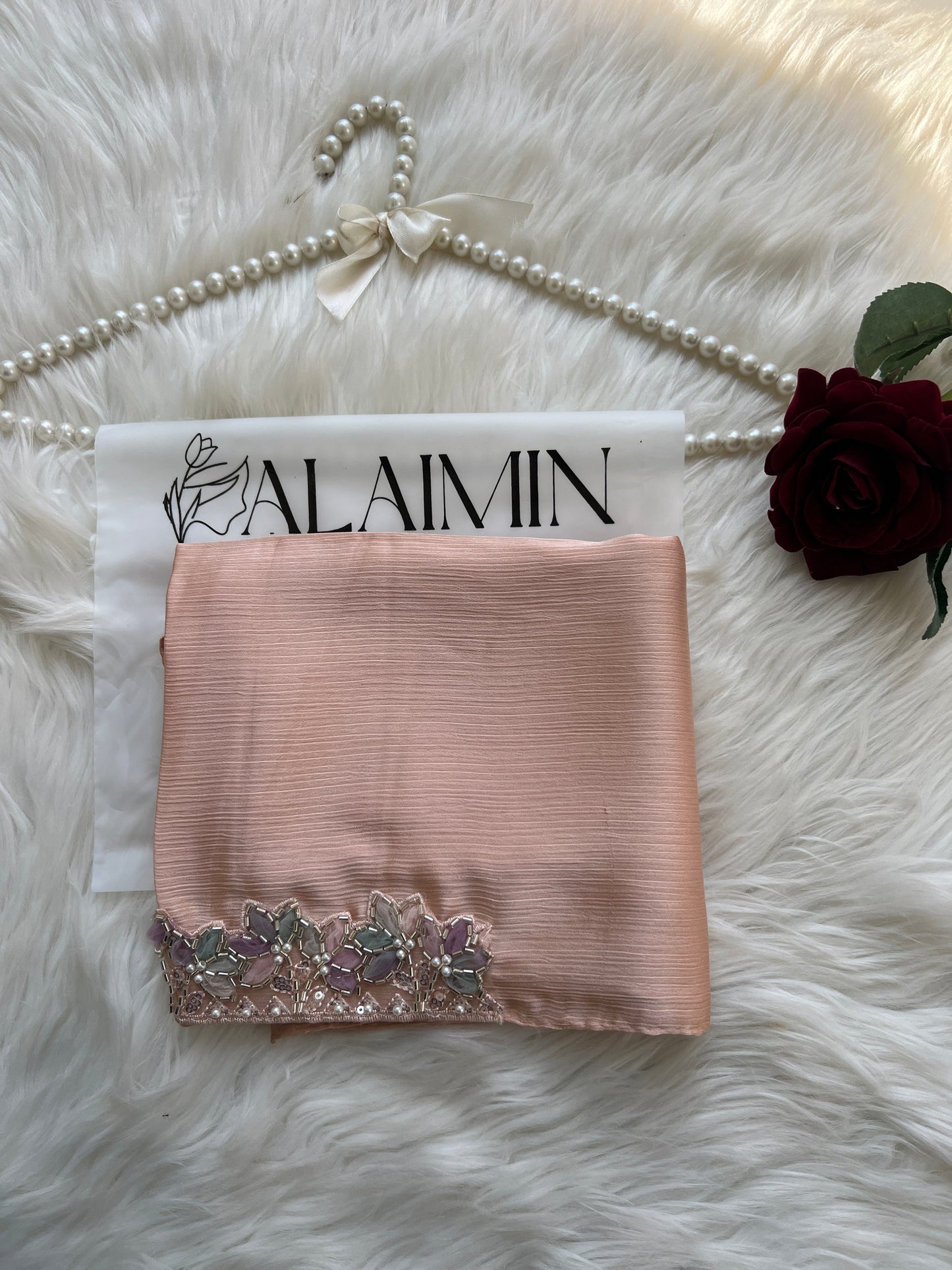 Luxury Lace-Detail Silk Party wear Hijab Peach