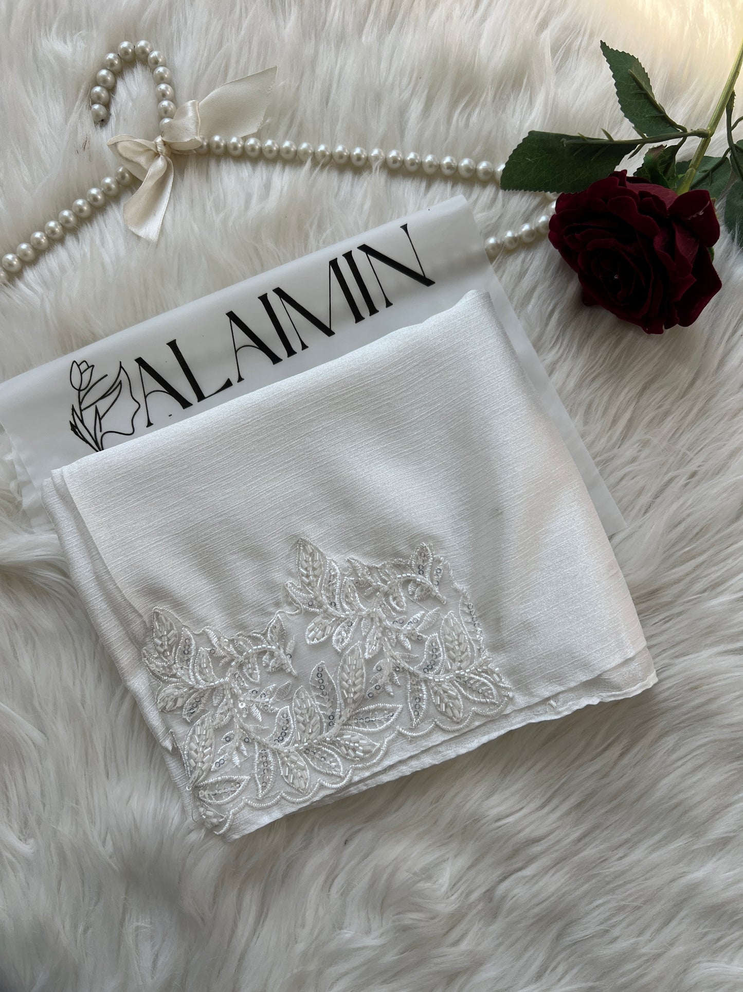 Luxury Lace-Detail Silk Umrah Special Hijab White