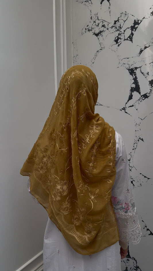 EMBROIDERY LAWN HIJAB| MUSTARD