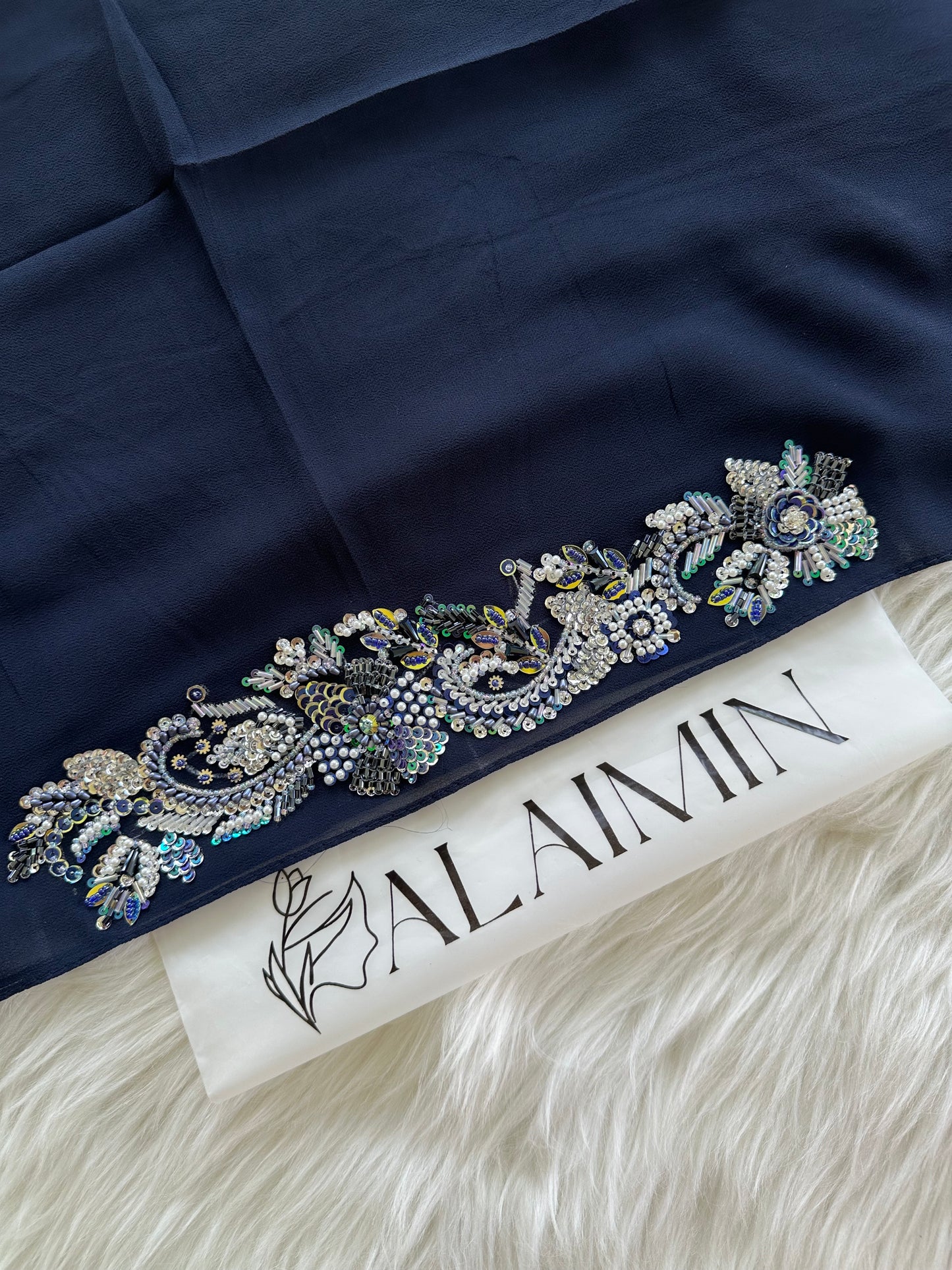 SHABNUM | FESTIVE PARTY WEAR LUXURY HANDWORK DARK BLUE HIJAB