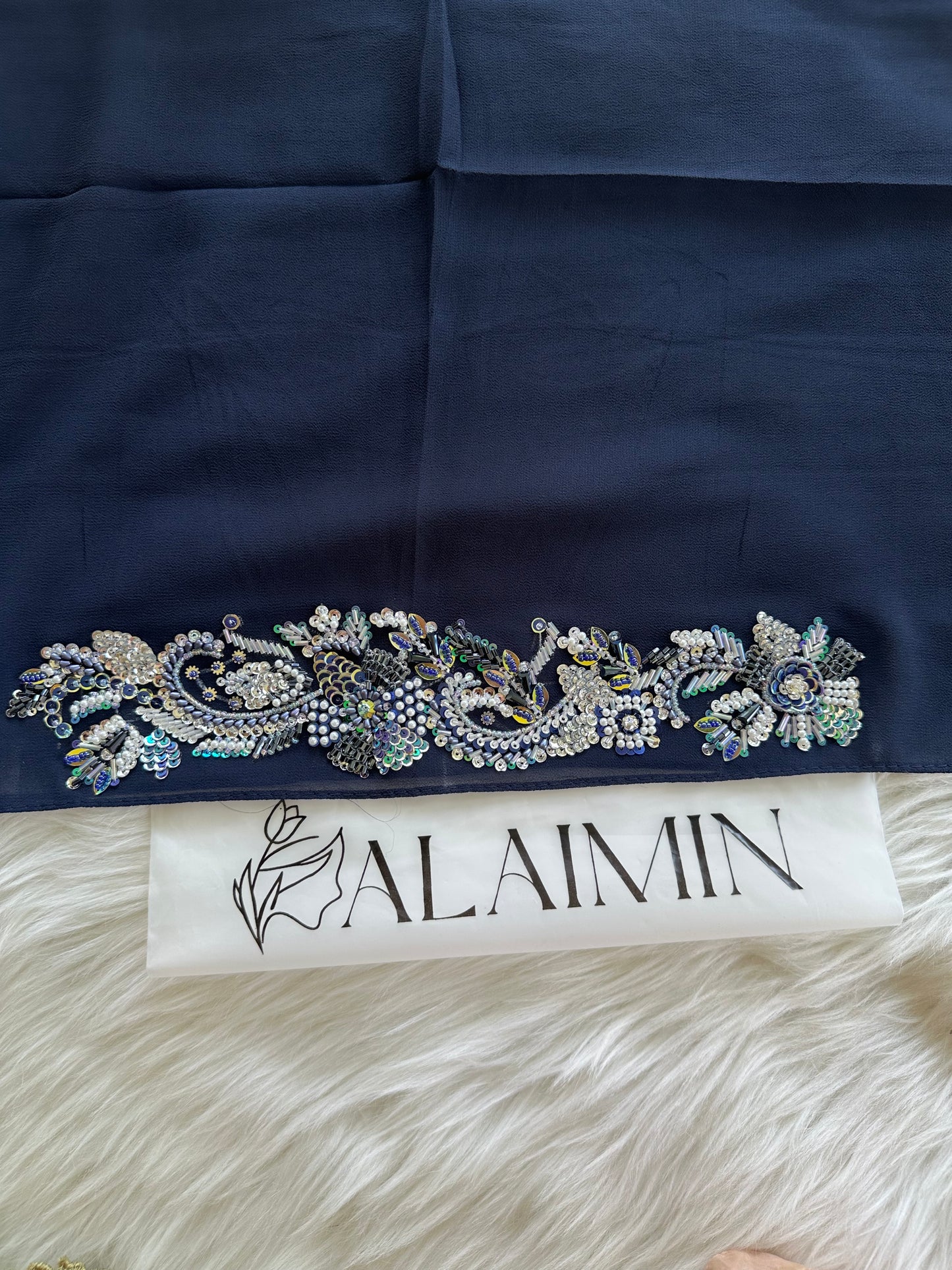 SHABNUM | FESTIVE PARTY WEAR LUXURY HANDWORK DARK BLUE HIJAB