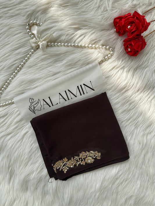 KIYARA | FESTIVE PARTY WEAR LUXURY HANDWORK DARK BROWN HIJAB