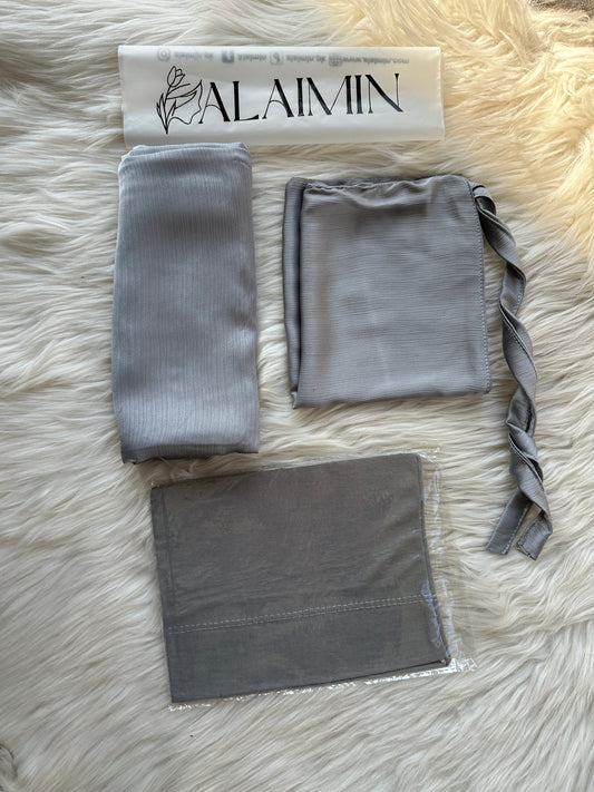 Plain Hijab, Matching Niqaab & Cap – Silver