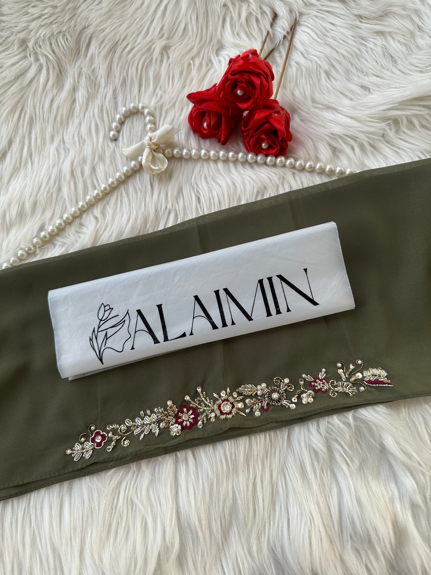 HINA | FESTIVE PARTY WEAR LUXURY HANDWORK OLIVE HIJAB