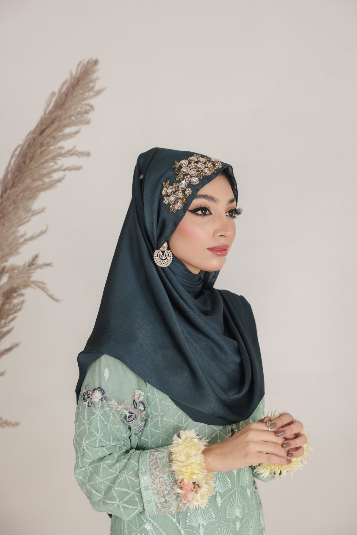 premium fancy silk hijab in green