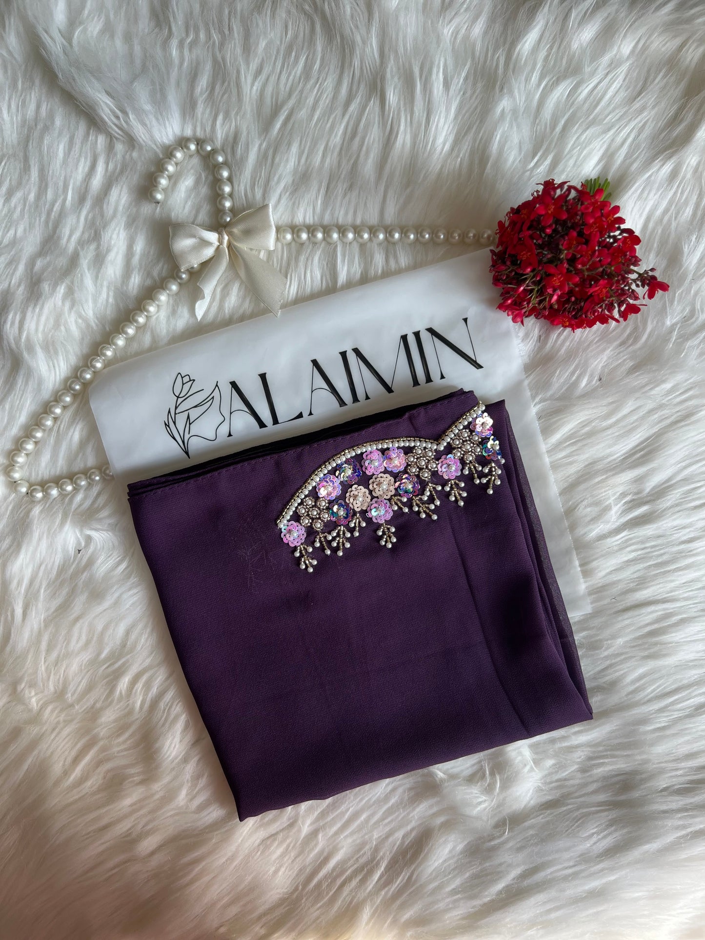 NOOR E ZAR| FESTIVE PARTY WEAR LUXURY HANDWORK PURPLE HIJAB